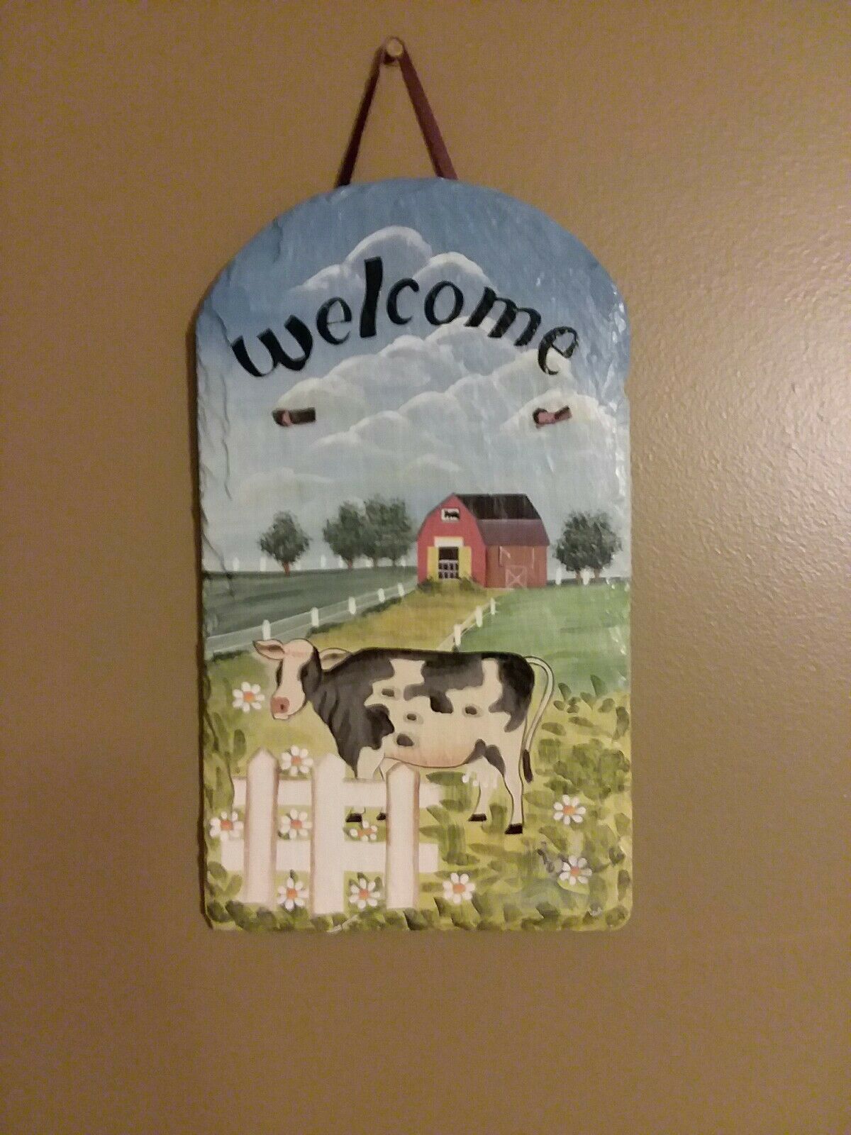 Flagstone Look-a-like Cow/farm "welcome" Sign Hand Painted