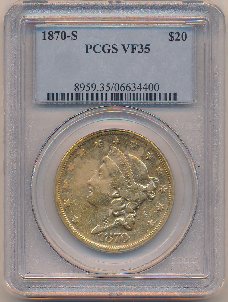 1870 S $20 Gold Liberty Head, Pcgs Vf35