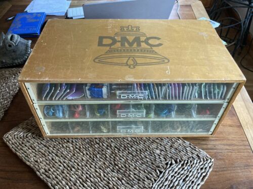 Vintage Dmc France 3 Drawer Wood Embroidery Display Box With Threads Rare