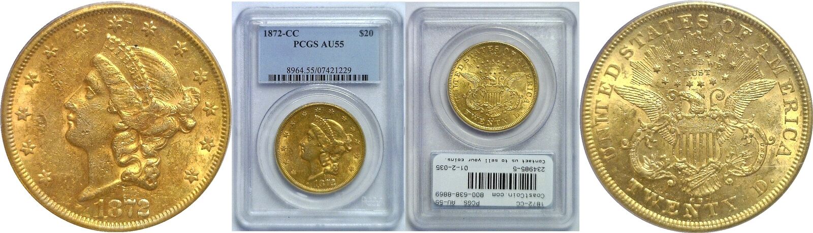 1872-cc $20 Gold Coin Pcgs Au-55