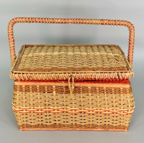 Vintage Woven Wicker Sewing Basket With Tray & Contents