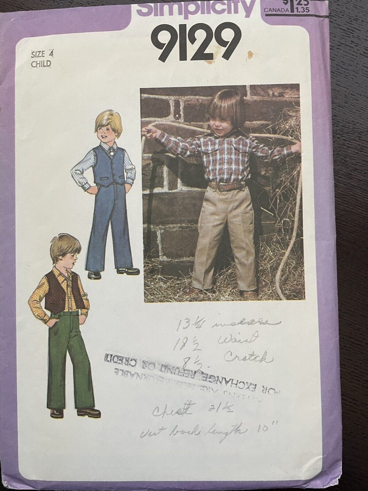 Simplicity Sewing Pattern 9129 Boy’s Shirt, Pants, Lined Vest Sz 3 1979 Cut