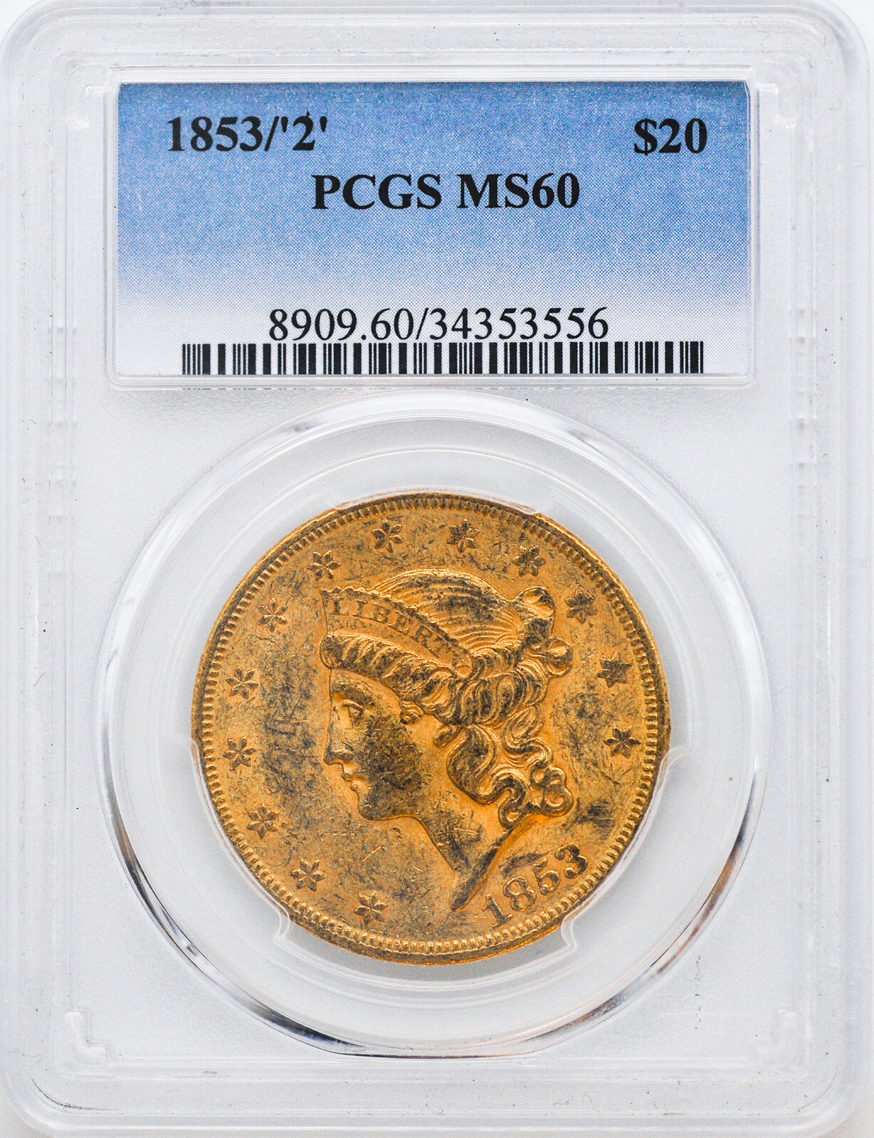 1853/'2'liberty Head $20 Pcgs Ms 60