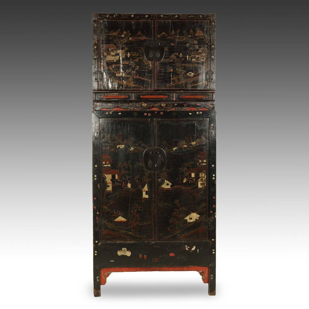 Fine Antique Chinese Shanxi Lacquered Elm Wood Compound Cabinet China 19th C