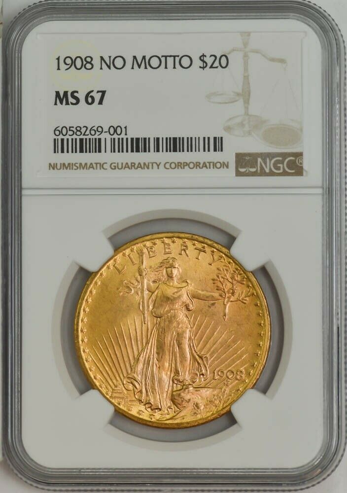 1908 $20 Gold St. Gaudens No Motto Ms67 Ngc 944483-10