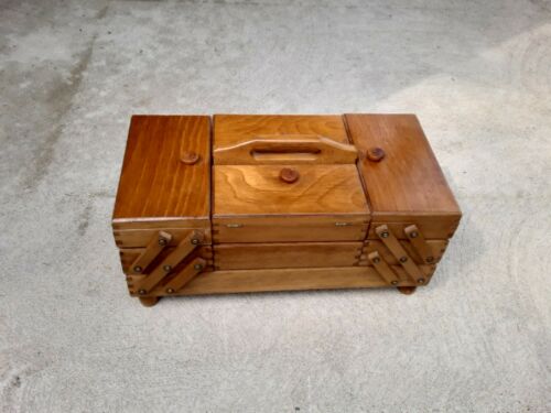 Vintage Wooden Accordian Fold-out Cantilever Sewing Box Made In Romania