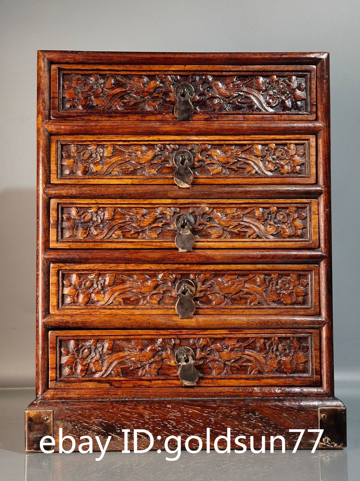 11.1”old Chinese Huanghuali Wood  Relief Flowers Birds Pattern Drawer Cabinet