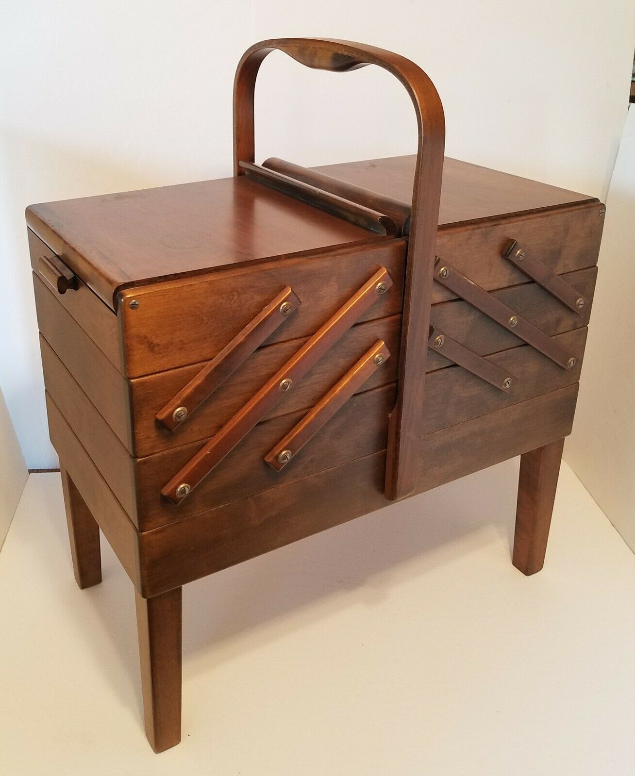 Vintage Mid Century Strommen Bruk Hamar Norway Accordion Style Wood Sewing Box
