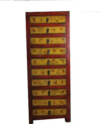A Chinese High Red And Yellow Simple Cabinet With Ten Drawers Butterfly