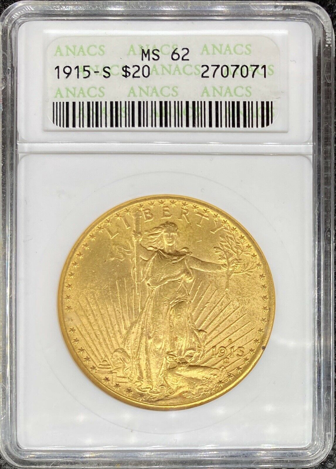 1915-s $20 American Gold Double Eagle Saint Gaudens Ms62 Anacs Og Slab Lustrous!