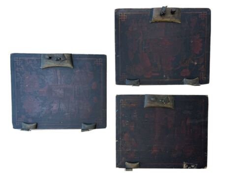 3 Antique Asian  Cabinet Commode Chinese Black Laquer Chinoiserie Doors