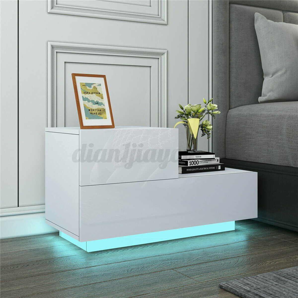 Led Rgb Lighting Nightstand High Gloss 2 Drawer Modern Bedside End Table Bedroom