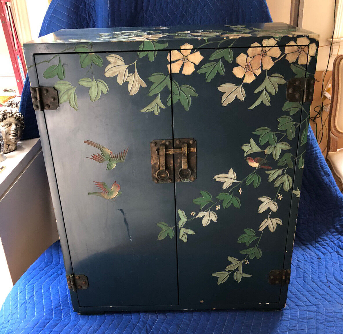 Vintage Lacquered & Embossed Painted Chinese Cabinet ( Pick Up Only)