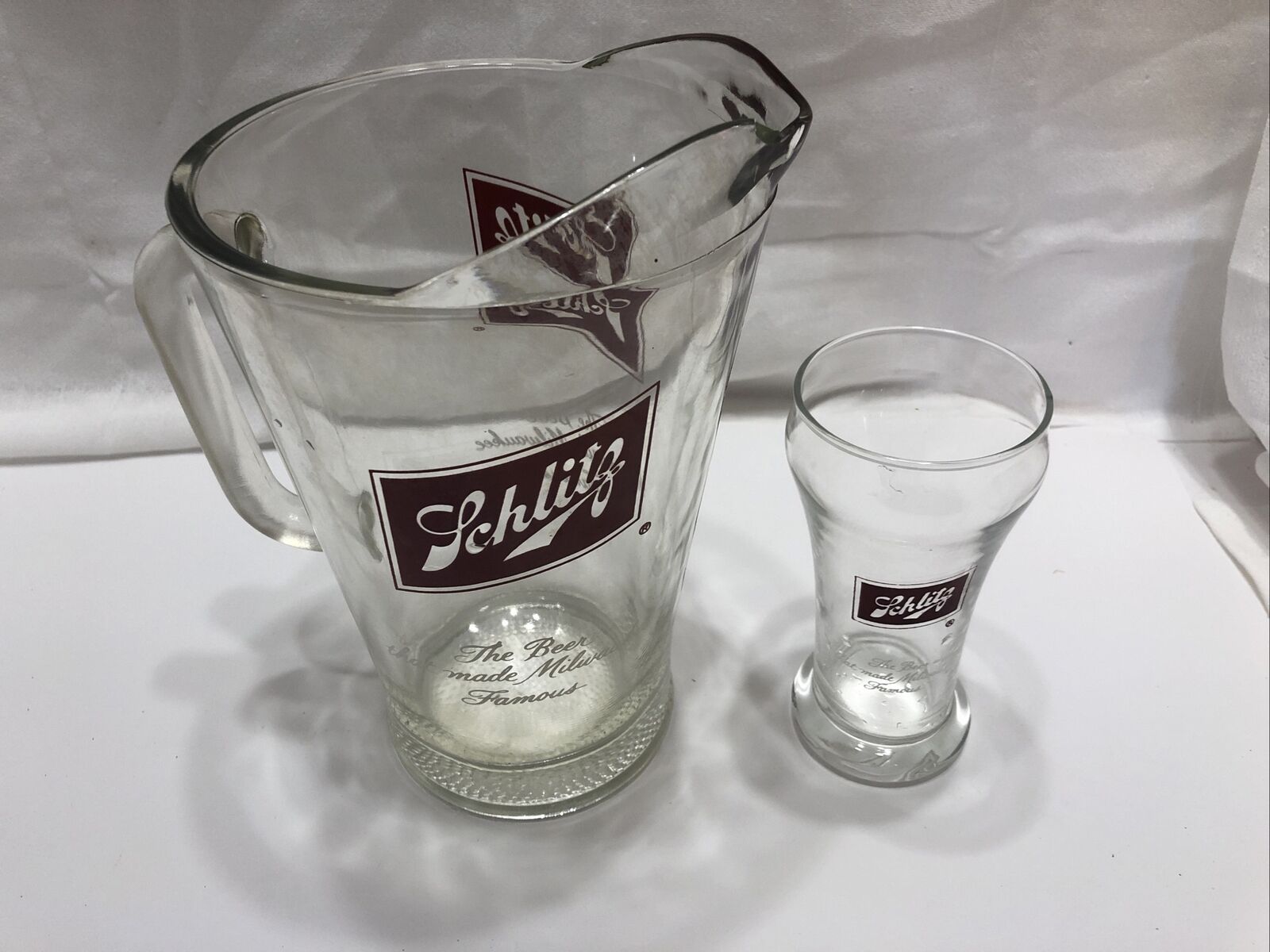 Vintage Schlitz Heavy Glass Beer Pitcher, 9" Tall With Glass