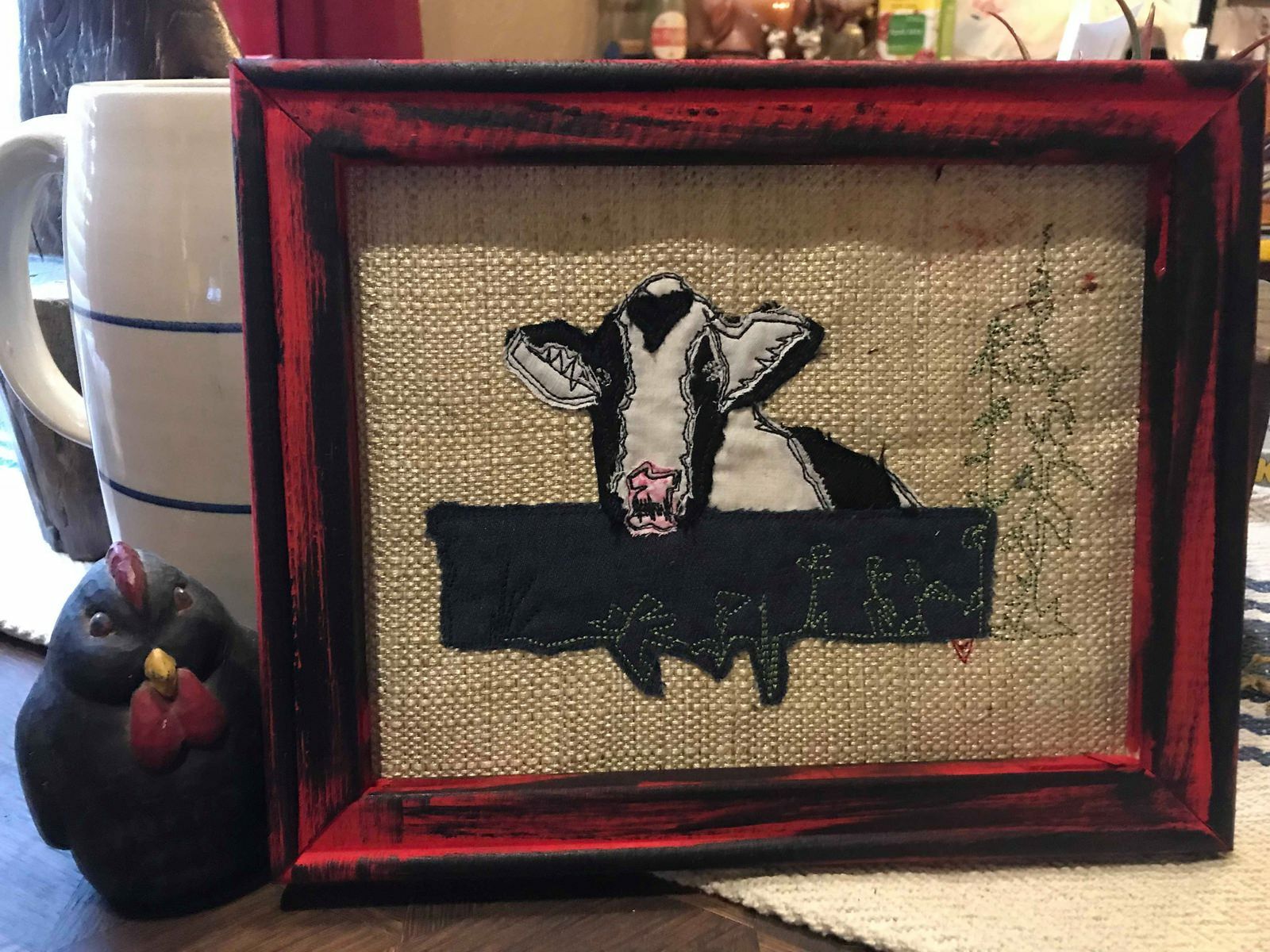 Moo Cow- Embroidered Cow Framed