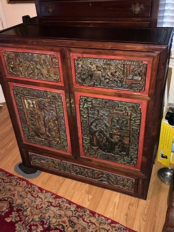 Antique Chinese Rosewood Cabinet Deep Relief On Stand