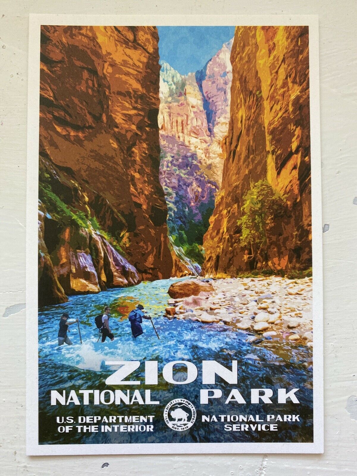 Zion National Park Utah The Narrows Hikers Wpa Style Art Postcard