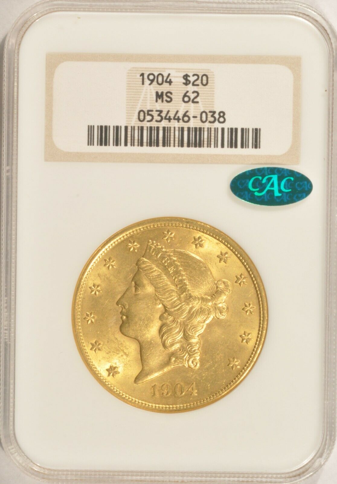 1904 $20 Liberty Gold Double Eagle Ngc Ms-62 Cac In No-line Fattie Pre-1933 Gold